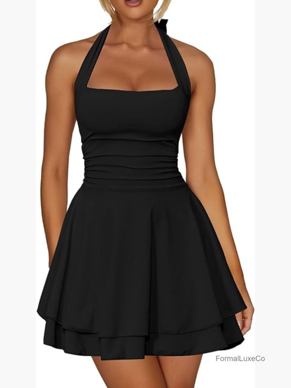 Sexy Halter Ruffle Hem Mini Dress Ruched Waist Corset Party Club Night Out